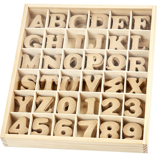 [CR57408] Houten letters & cijfers in display, H: 4 cm, dikte 2,5 mm - 288 stuks