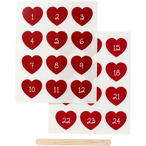 [CR283960] Rub-on Sticker hart advent cijfers, H: 32 mm, B: 28 mm - 24 stuks