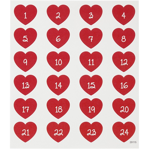 [CR291151] Stickers cijfers (1-24) hart 15x16,5 cm, rood - 24 stuks