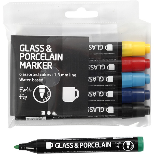 [CR31651] Glas- & Porseleinstiften standaardkleuren, lijndikte 1-3 mm, semi-dekkend, 6 stuks